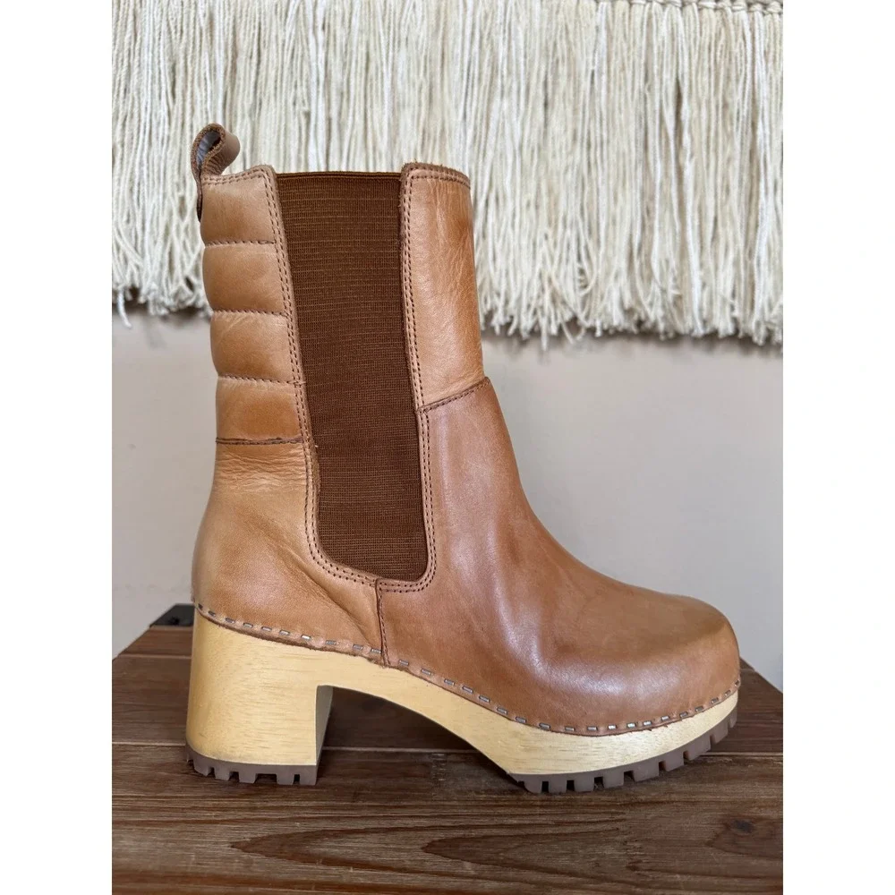 Free People MIA Justina Tan Leather Platform Block Heel Lug Sole Clog Boots Sz 9